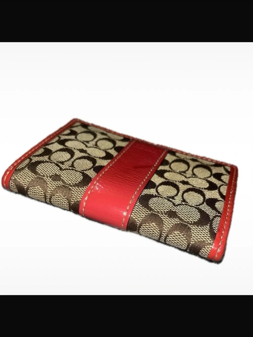 Coach Vintage Signature Canvas Mini Bifold Card Wallet Red/Pink Trim